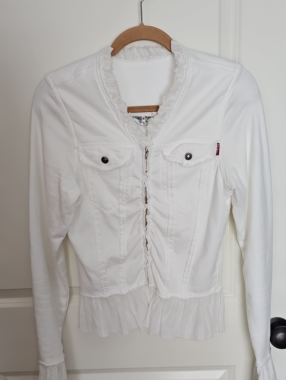 Hard Tail White Ruffle-Trim Jean Jacket